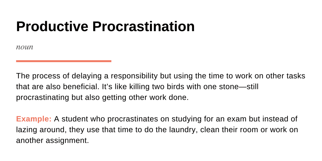 A dictionary-style definition of productive procrastination showing the noun and an example.